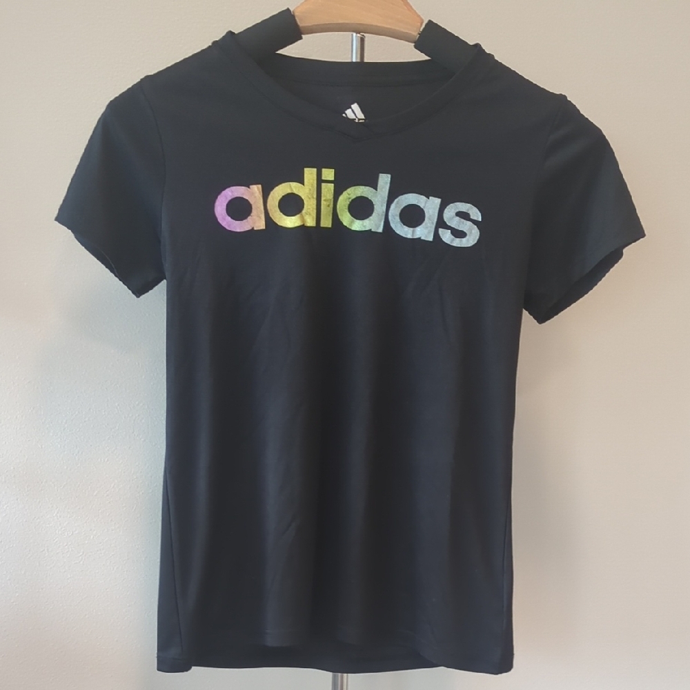 Adidas Women's Black Tee with Pastel Rainbow Logo
